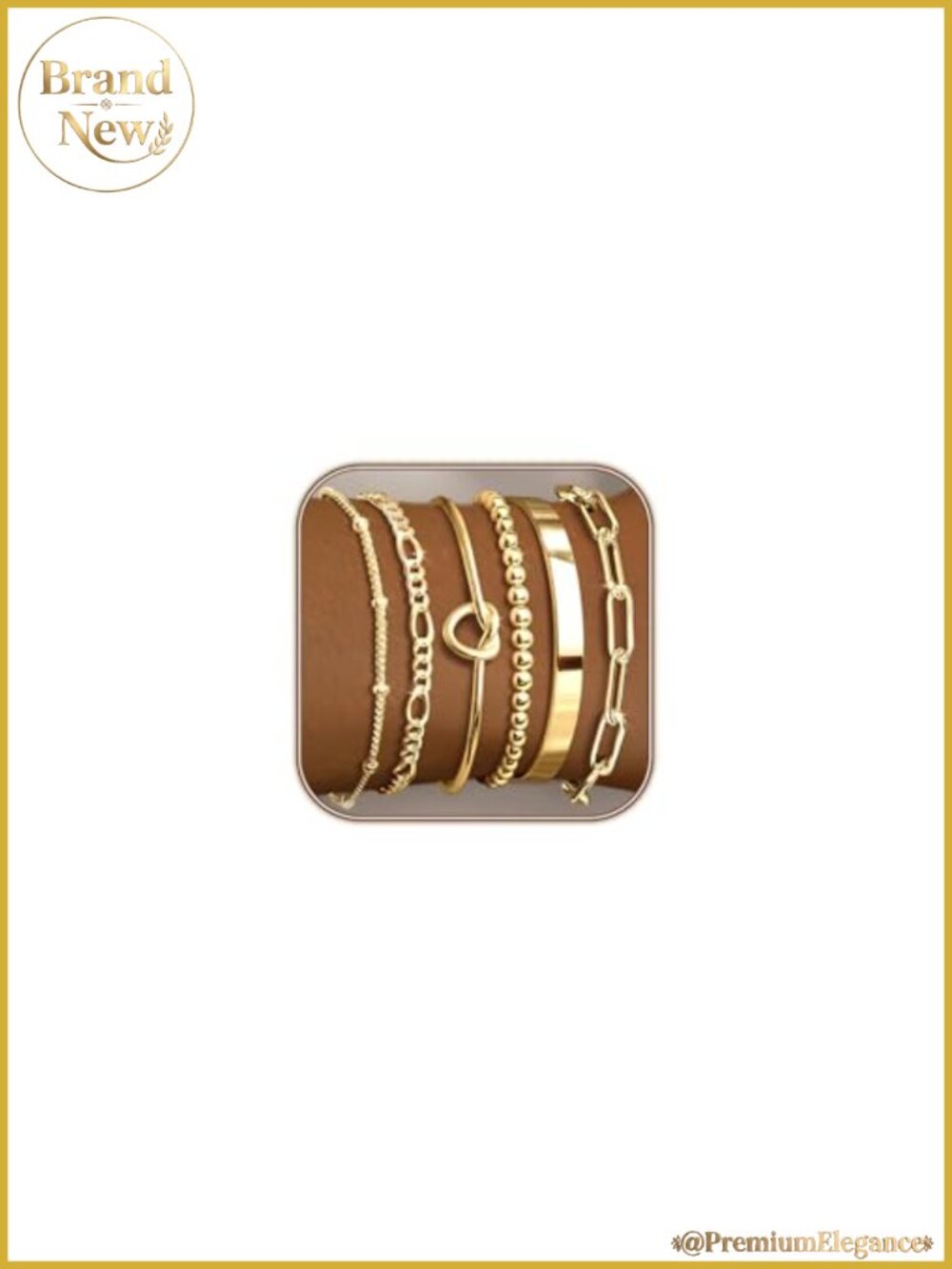18k Gold Plated Bracelet Stack Set with Cuff, Beaded, Paperclip & Cuban Link